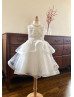 Beaded White 3D Flowers Tulle Tiered Flower Girl Dress